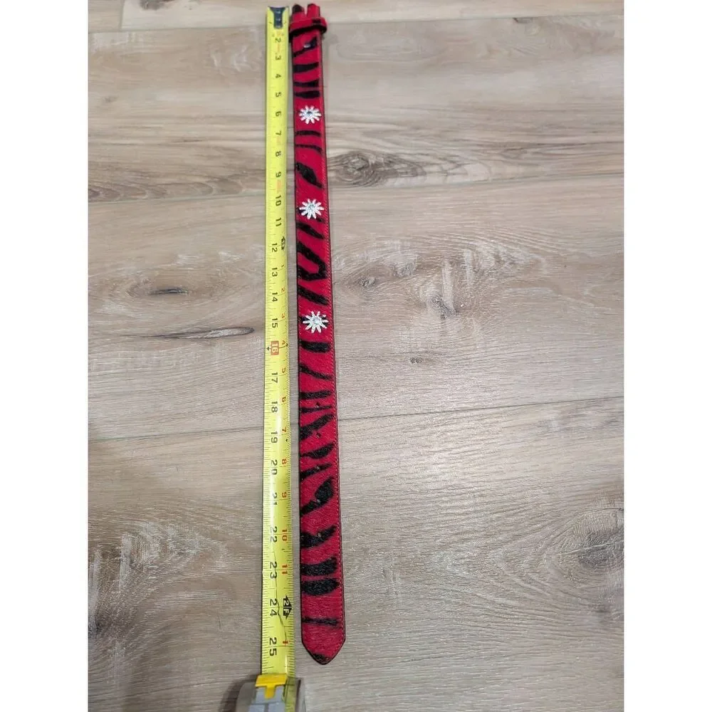3D Leather Kids Small Red Zebra Hair-on-Hide Belt Western Rhinestone No Buckle